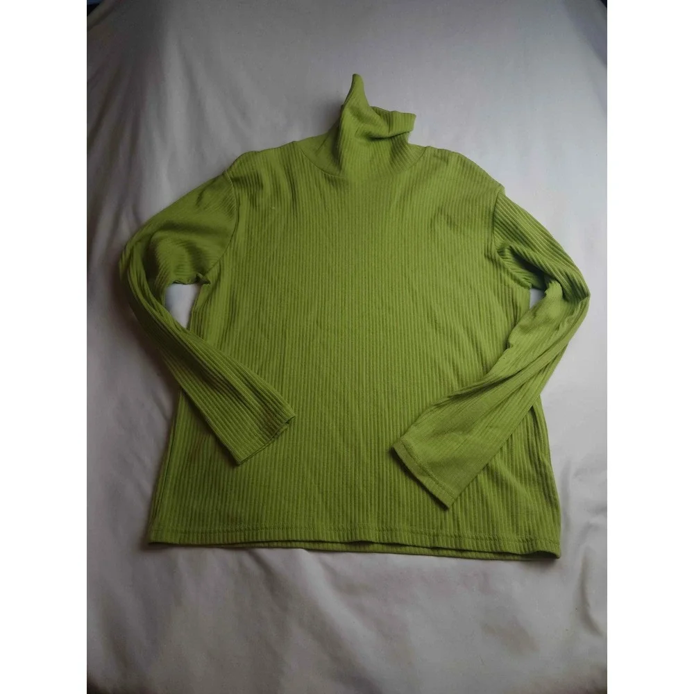 White Stag Lime Green Ribbed Turtleneck Long Sleeve Top Large Rib Knit Womens